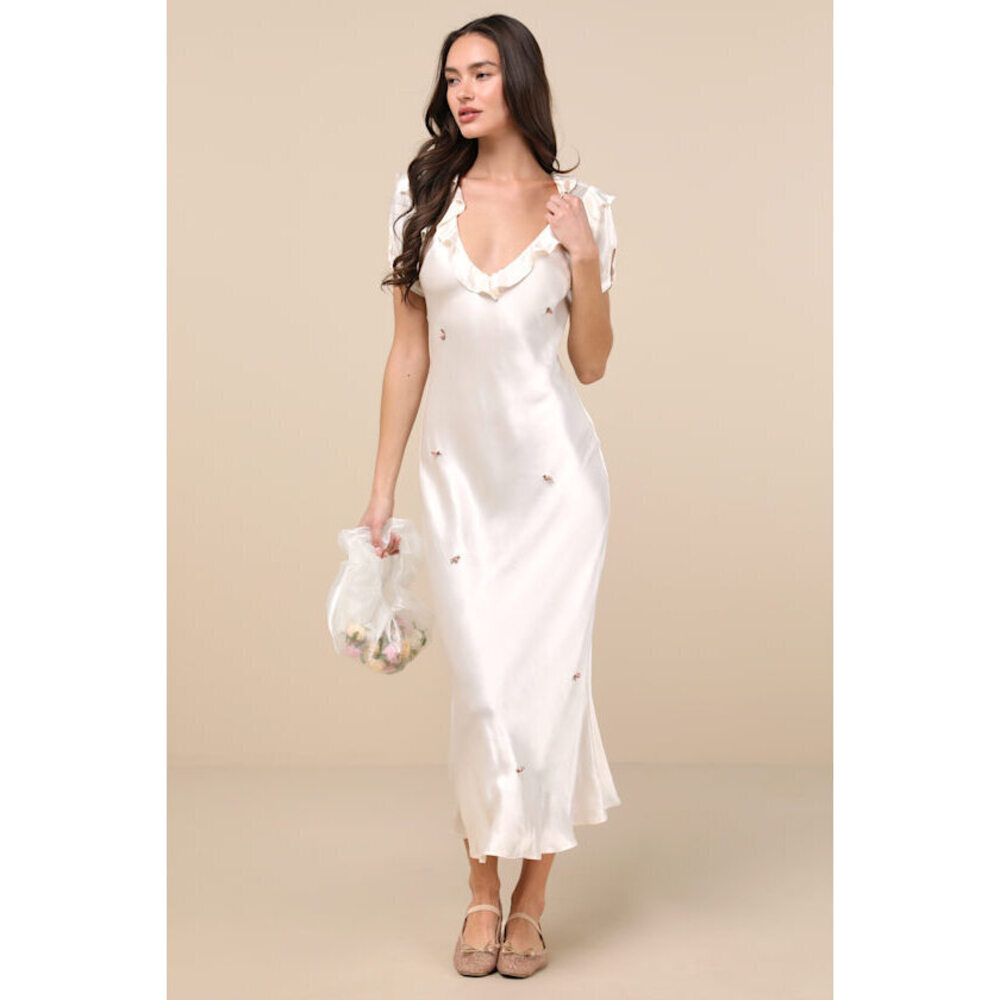 NWT Lulus Helsa Ivory Satin Ruffled Rosette Puff Sleeve Maxi Dress White Size M
